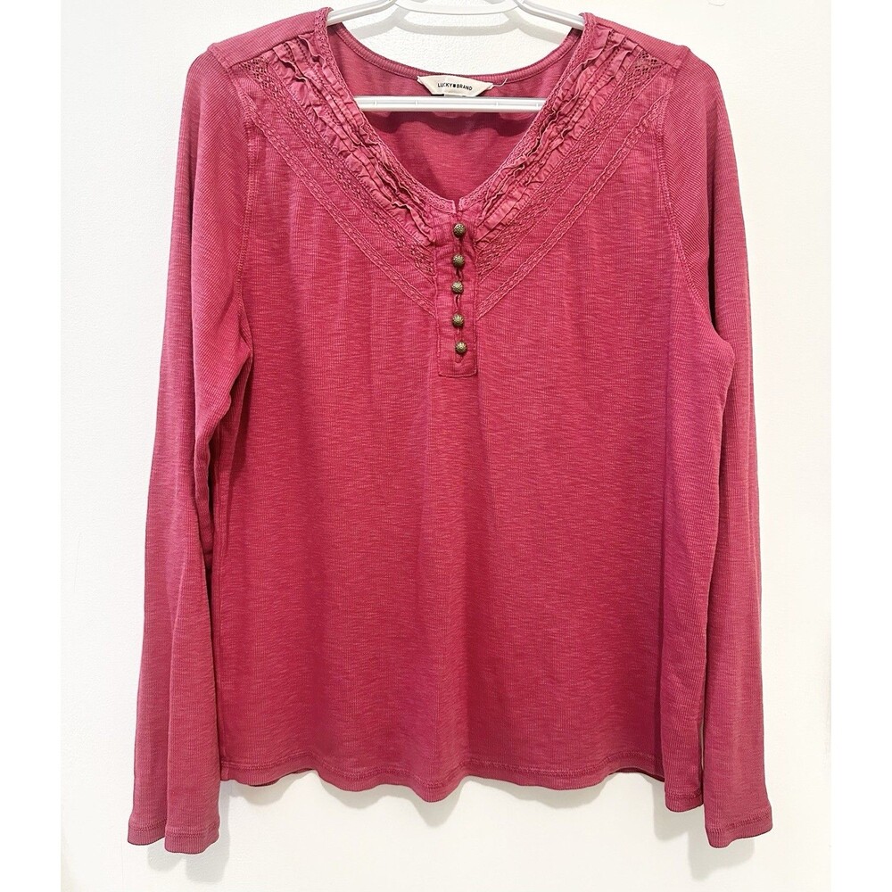 Lucky Brand XL Burgundy Henley Top Lace Trim Long Sleeve Button Front